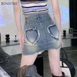 Denim Blue Mini Skirt Women Summer Love Ripped Slim Hotsweet Distressed  Y2k College Design Young Fashion Ulzzang High W