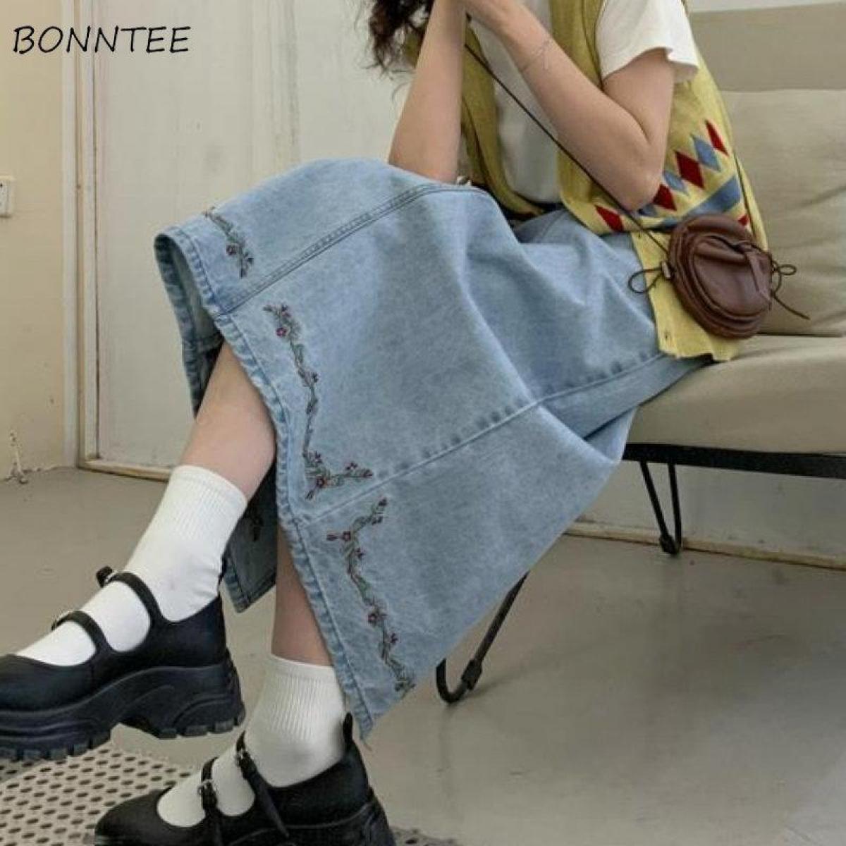 Skirts Women Denim Flower Vintage Embroidery Mid Calf A Line All Match  Style Fashion Design Basic Retro Spring Leisure