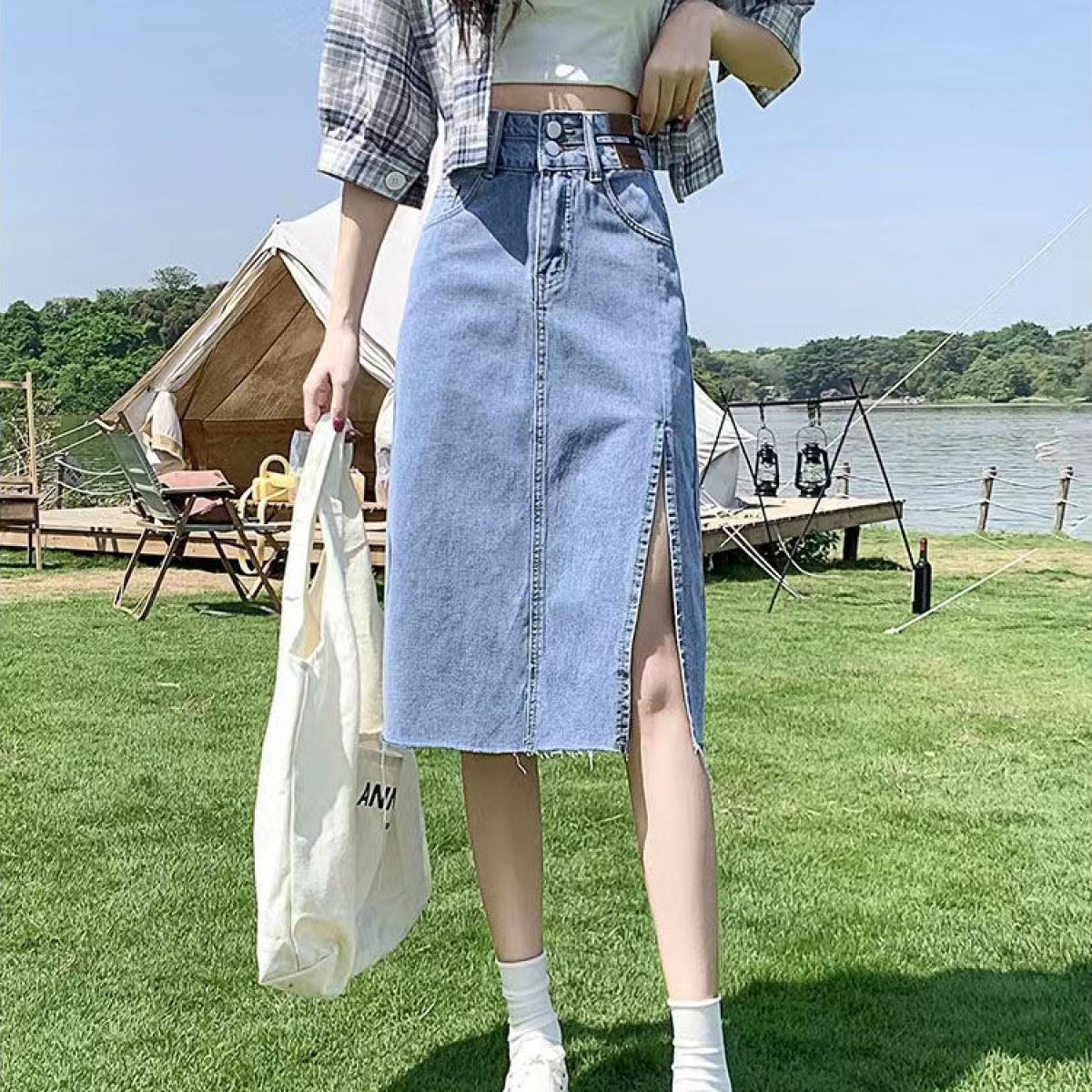 Denim Skirts Women Sideslit High Waist Fashion Midi Thin Summer Vintage Simple Allmatch Young   Style Hot Sale Daily  Sk