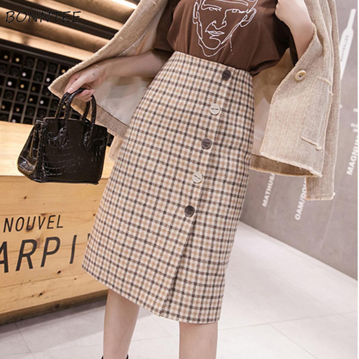 Skirts Women Vintage Plaid A Line Slim All Match  Style High Waist Harajuku Streetwear Womens Mini Skirt Students Chic N