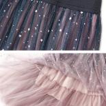 Fashion 3 Layers Gradient Mesh Skirt For Women  Style High Waist Stars Sequined Pleated Long Skirts Saias 2023 Summer K2
