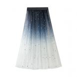 Fashion 3 Layers Gradient Mesh Skirt For Women  Style High Waist Stars Sequined Pleated Long Skirts Saias 2023 Summer K2