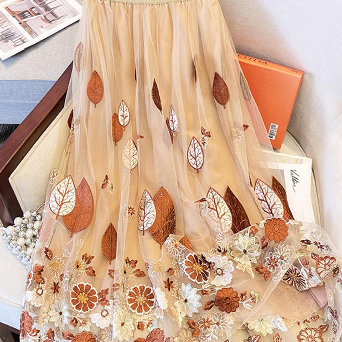 Vintage Women's Mesh Skirt Gold Line Leaf Floral Embroidery  Fashion Y2k High Waist Pleated A Line Skirts 2023 Autumn K3