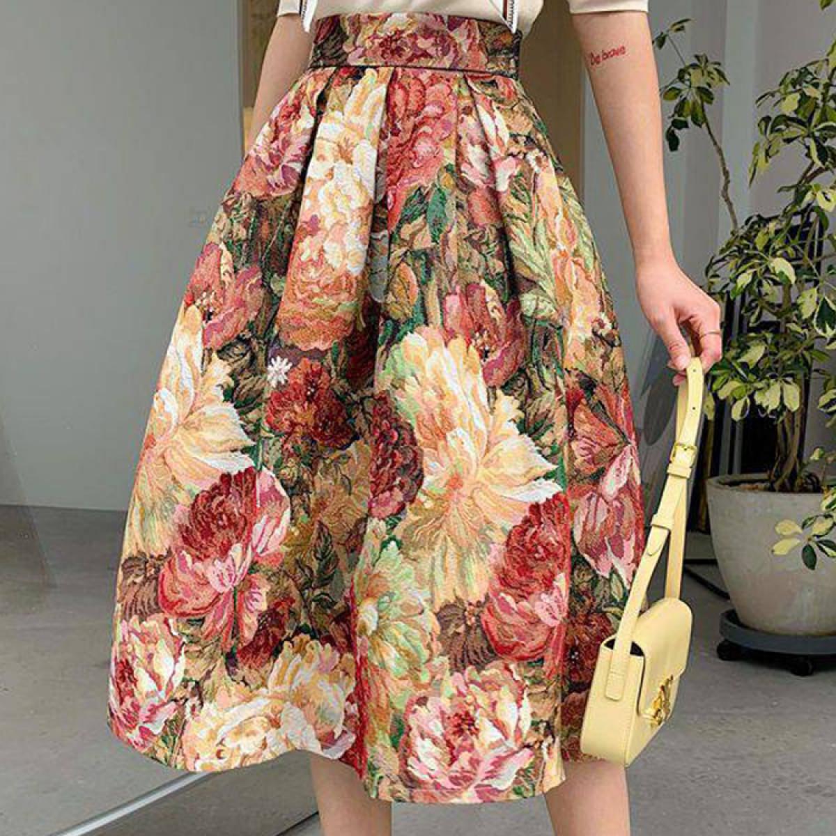ציור שמן וינטג' לנשים חצאית פרחונית אופנה כיסי מותן גבוהים חצאיות אקארד מעובות sxxxl 2023 אביב k219