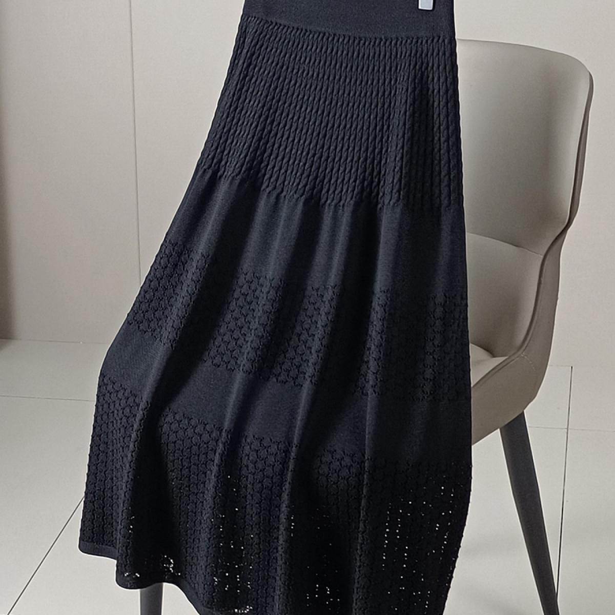 Women's Hollow Out Crochet Ribbed Long Skirt With Liner High Waist No Pilling Knitted Draped A Line Skirts 2023 Autumn K