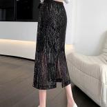 Vintage Shining Sequined Pencil Long Skirts For Women  Style High Waist Club Back Splits Bodycon Skirts 2023 Spring K239