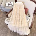 Women's Sweet Tulle Lace Party Long Skirts  Fashion Elastic Waist Layered Ruffles Mesh Black Tiered Skirt 2023 Summer K3