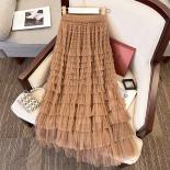 Women's Sweet Tulle Lace Party Long Skirts  Fashion Elastic Waist Layered Ruffles Mesh Black Tiered Skirt 2023 Summer K3