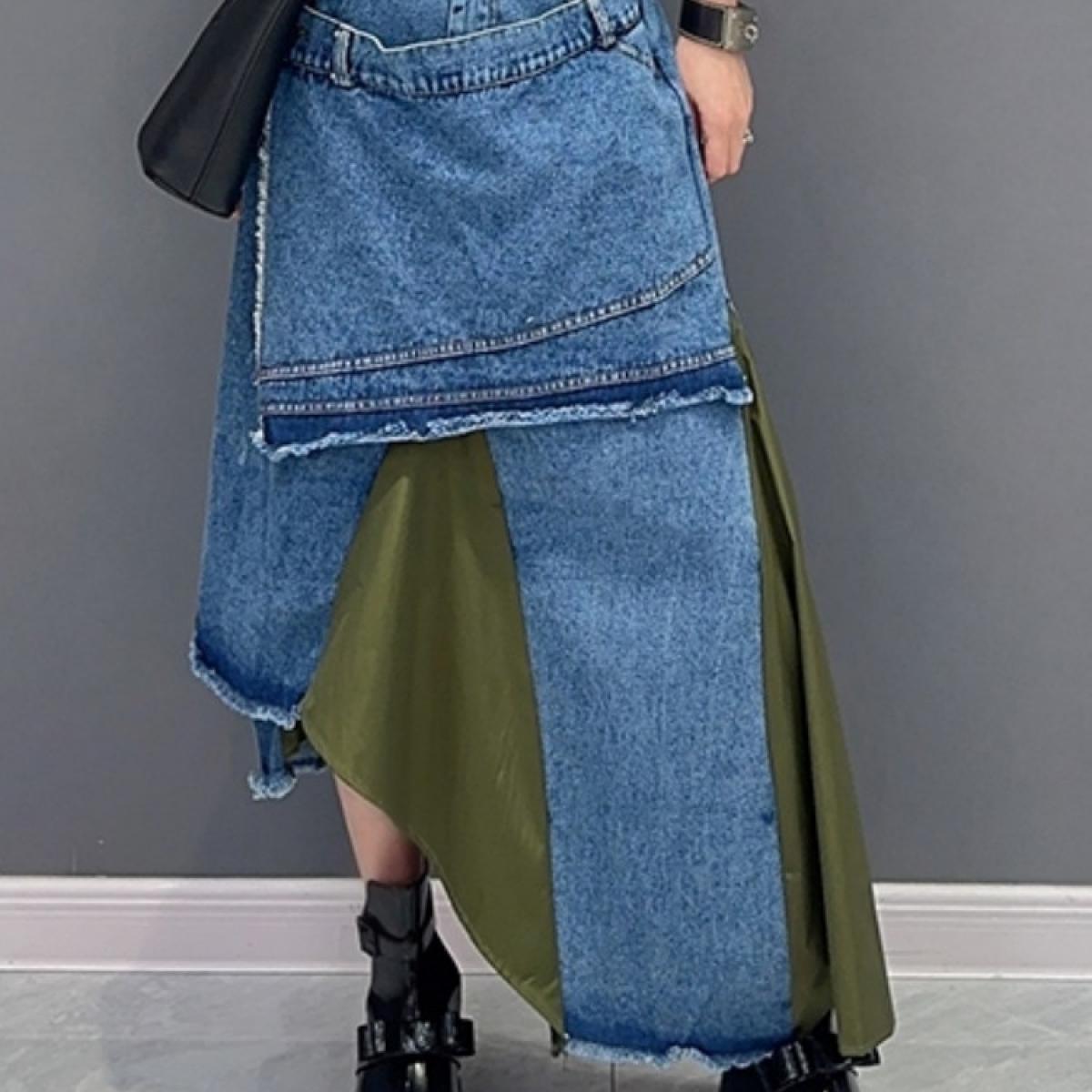qing mo 2023 קיץ חדש סגנון מזדמן ג'ינס splice לא סדיר חתיכה אחת חצי חצאית נשים שחור ירוק חצאית zxf3129