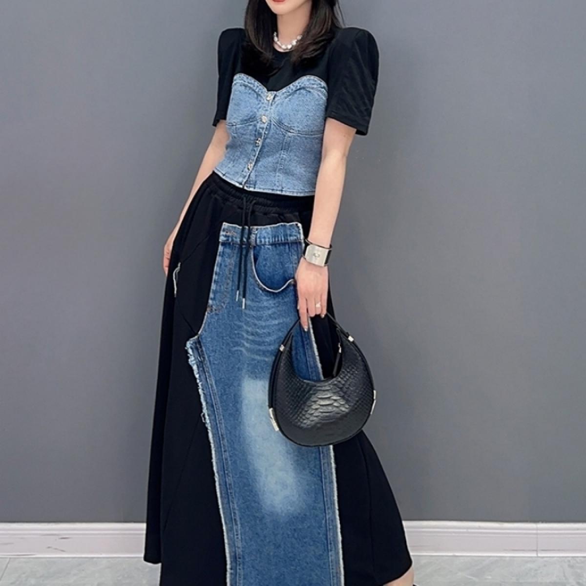 qing mo 2023 קיץ חדש אישה ג'ינס חצי חצאית אופנה מזדמן ספייס אישית אופנתית ילדה שחור וכחול חצאית zy037