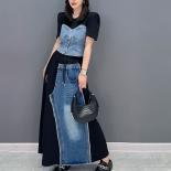 Qing Mo 2023 Summer New Woman Denim Half Skirt Fashion Casual Splice Personalized Trendy Girl Black And Blue Skirt Zy037