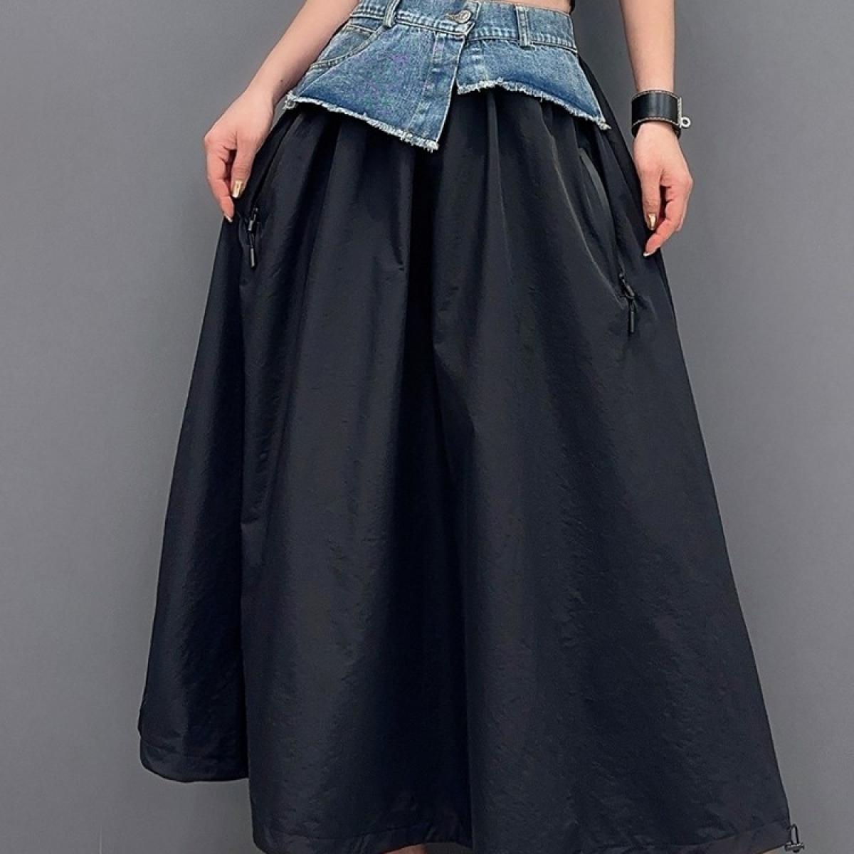 Qing Mo 2023 Summer New  Fashion Casual Single Piece Denim Spliced Half Skirt Women Show Slim Loose Black Skirt Zxf3083