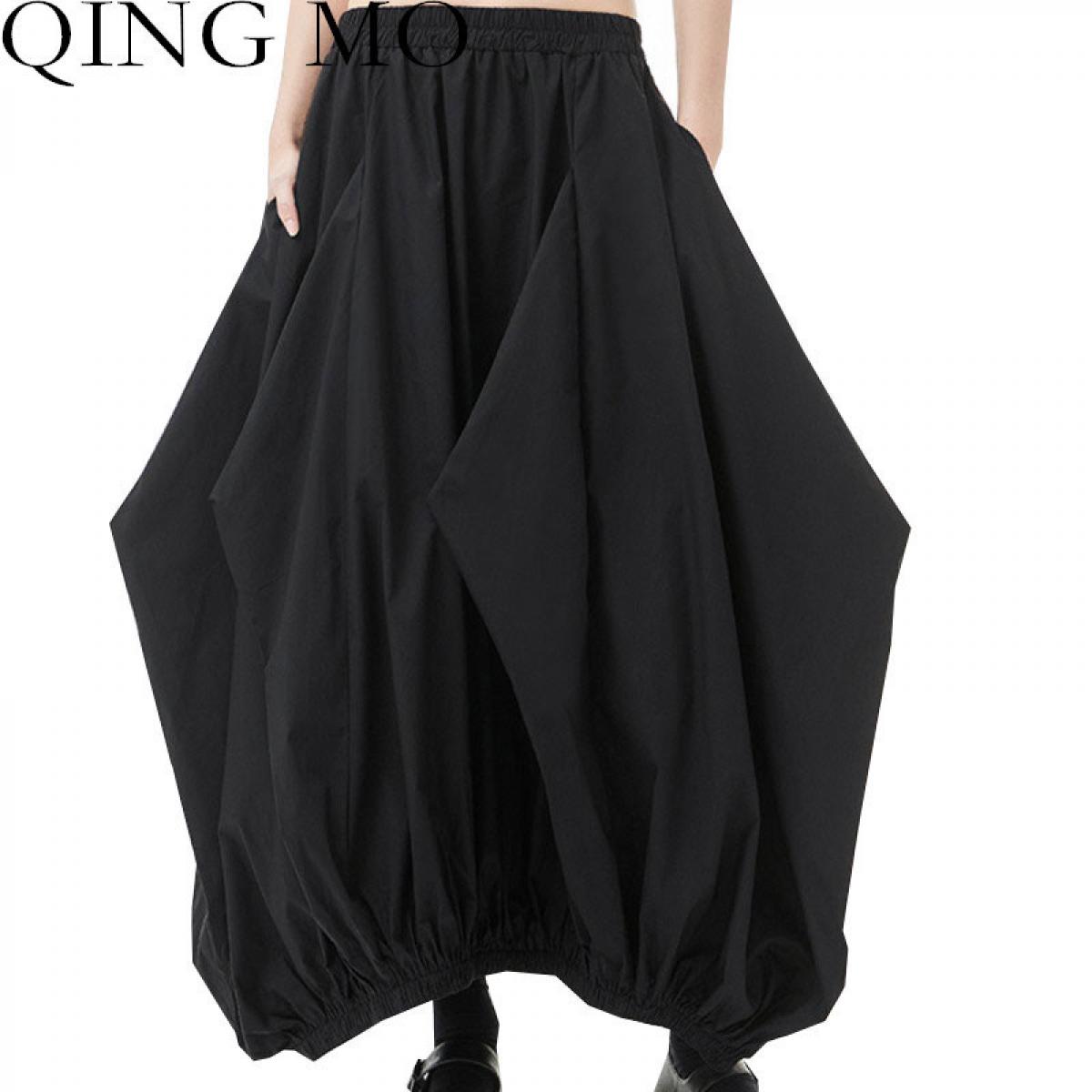 qing mo נשים חצאית קפלים 2023 אביב סתיו אופנה גודל גדול אישיות דק מותן גבוה פנס חצאית שחור lhx466