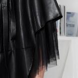 Qing Mo Irregular Skirt 2023 Spring Summer New Pu Leather Combination Mesh High Waist Aline Mid Length Skirt Fashion Zxf