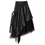 Qing Mo Irregular Skirt 2023 Spring Summer New Pu Leather Combination Mesh High Waist Aline Mid Length Skirt Fashion Zxf