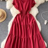 Summer Vintage Women Midi Dress Red/blue/yellow Solid Color V Neck Short Sleeve A Line Big Swing Casual Vestidos Femme 2