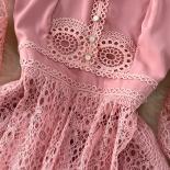 Autumn Vintage Women Pink/black/white Lace Party Dress Elegant Stand Collar Lantern Long Sleeve Knee Length Vestidos Fem