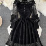 Autumn Vintage Women Pink/black/white Lace Party Dress Elegant Stand Collar Lantern Long Sleeve Knee Length Vestidos Fem