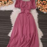 Summer Vintage Women Hollow Out Long Dress Elegant Square Collar Puff Short Sleeve High Waist A Line Maxi Casual Robe Fe