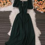 Summer Vintage Women Hollow Out Long Dress Elegant Square Collar Puff Short Sleeve High Waist A Line Maxi Casual Robe Fe