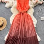 Summer Women Orange/blue/red/purple Gradient Dress Vintage Round Collar Sleevelees High Waist A Line Pleated Vestidos Wi