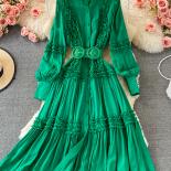 סתיו ירוק/ורוד/לבן שמלה ארוכה לנשים מעמד צווארון וינטג' מקסי vestidos סלסול טלאים טלאים חד חזה r