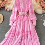 Autumn Green/pink/white Party Long Dress For Women Vintage Stand Collar Maxi Vestidos Ruffle Patchwork Single Breasted R