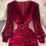 Robe mi-longue drapée noire/rouge pour femme, Vintage, col en v, maille Patchwork, manches longues, taille haute, automne hiver