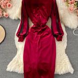 Autumn Winter Women Black/red Draped Bodycon Midi Dress Vintage Vneck Mesh Patchwork Long Sleeve High Waist Vestidos  Ne