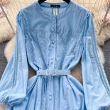 Autumn Vintage Blue/pink/orange/black Hollow Out Embroidery Long Dress Women Elegant O Neck Single Breasted Maxi Vestido