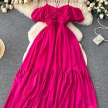 Summer Women Purple/green/rose Red/yellow Spaghetti Strap Long Dress  Off Shoulder Puff Sleeve High Waist Beach Vestidos