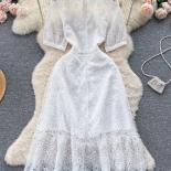 Summer Women Vintage White Lace Party Dress Elegant O Neck Short Sleeve Ruffle Hem A Line Slim Midi Vestidos Female New 