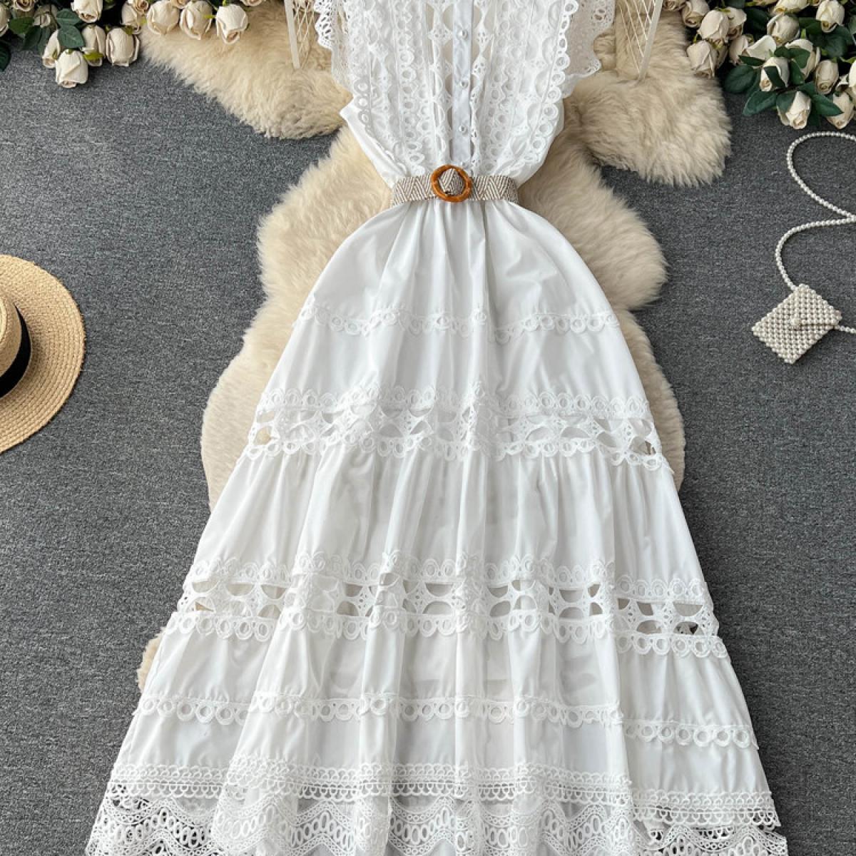 Summer Black/white Hollow Out Embroidery Lace Party Long Dress Elegant Round Neck Sleeveless Single Breasted Maxi Vestid