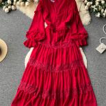 Spring Autumn Women Lace Patchwork Long Dress Vintage Yellow/red/purple Flare Sleeve High Waist A Line Party Maxi Vestid