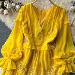 Spring Autumn Women Lace Patchwork Long Dress Vintage Yellow/red/purple Flare Sleeve High Waist A Line Party Maxi Vestid