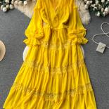 Robe longue en dentelle pour femmes, Patchwork, Vintage, jaune/rouge/violet, manches évasées, taille haute, ligne A, robe de soi