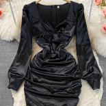 Robe drapée en Satin noir/blanc pour femmes, col carré, manches longues, taille haute, Robe de soirée élégante, moulante, gilet,