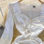 Autumn Women Black/white Draped Satin Dress  Square Collar Long Sleeve High Waist Party Robe Female Elegant Bodycon Vest