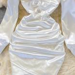 סתיו נשים שחור/לבן שמלת סאטן מרובעת צווארון ארוך שרוולים גבוהים מותן חלוק מסיבת חלוק נשיים אלגנטי bodycon vest