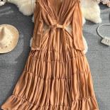 Robe longue plissée marron pour femmes, Vintage, élégante, décolleté en V profond, ligne A drapée, Maxi, tenue de soirée, nouvel