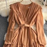 Autumn Vintage Women Brown Pleated Long Dress Elegant Deep V Neck A Line Draped Maxi Party Vestidos Female New Fashion