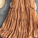 סתיו וינטג' נשים שמלה ארוכה קפלים חומה אלגנטית צווארון V עמוק קו עטוף מקסי מסיבת vestidos אופנה חדשה