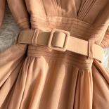 Autumn Vintage Women Brown Pleated Long Dress Elegant Deep V Neck A Line Draped Maxi Party Vestidos Female New Fashion
