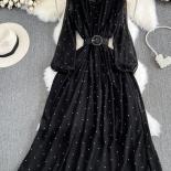 אביב סתיו וינטג' מנוקד שיפון שמלה ארוכה נשים סגול/לבן/שחור שרוול נפוח גבוה מותן קו מקסי vestidos