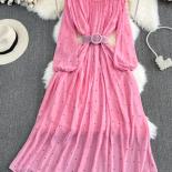 Spring Autumn Vintage Polka Dot Chiffon Long Dress Women Purple/white/black Puff Sleeve High Waist A Line Maxi Vestidos 