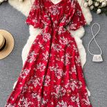 שמלת קיץ פרחונית לנשים וינטג' אדום/כחול/ורוד/לבן צווארון קצר שרוול מתלקח מותן גבוה אלגנטי אלין vestidos 2023 n