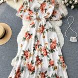 Summer Women Floral Dress Vintage Red/blue/pink/white  Vneck Short Flare Sleeve High Waist Elegant Aline Vestidos 2023 N