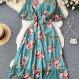 Summer Women Floral Dress Vintage Red/blue/pink/white  Vneck Short Flare Sleeve High Waist Elegant Aline Vestidos 2023 N