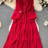 אביב נשים שמלה ארוכה לבוש וינטג 'צוואר V פנס שרוול מותן גבוה קו קפלים מקסי vestidos סגול/אדום/כחול רובה