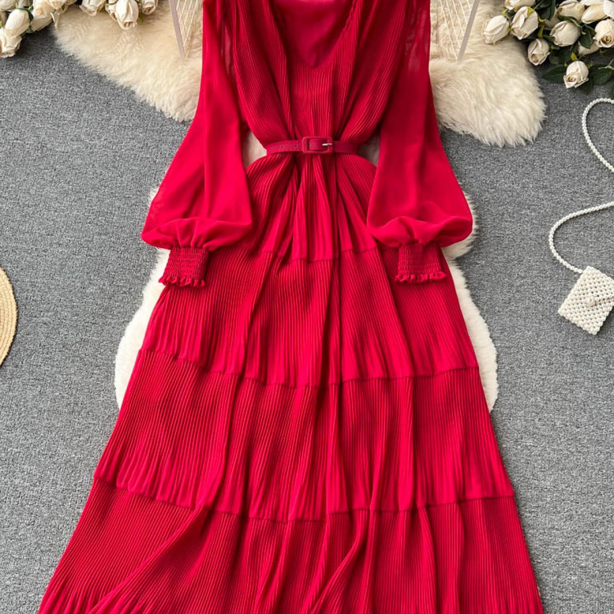 Robe longue drapée Vintage pour femmes, col en V, manches lanternes, taille haute, ligne A plissée, Maxi, violet/rouge/bleu, pri